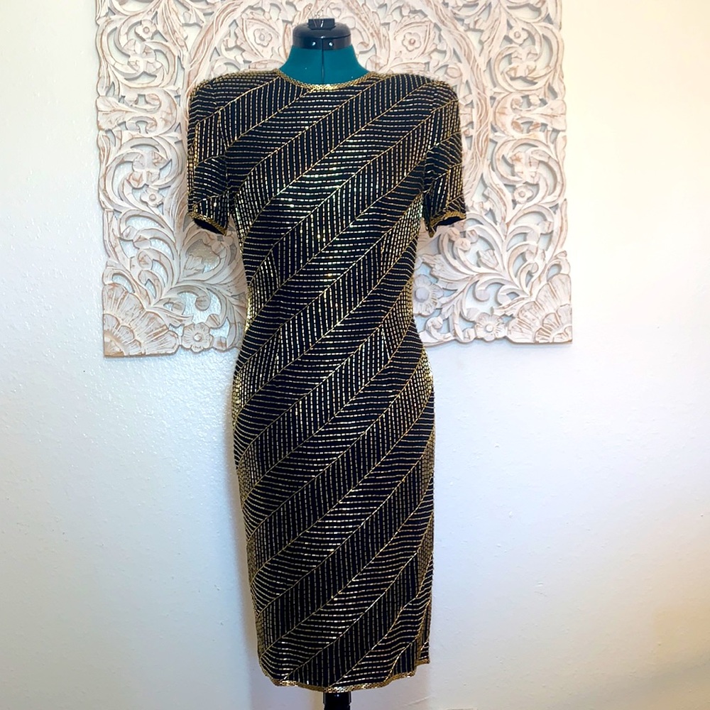 AJ Bari Vintage Hand Beaded Silk CockTail Dress